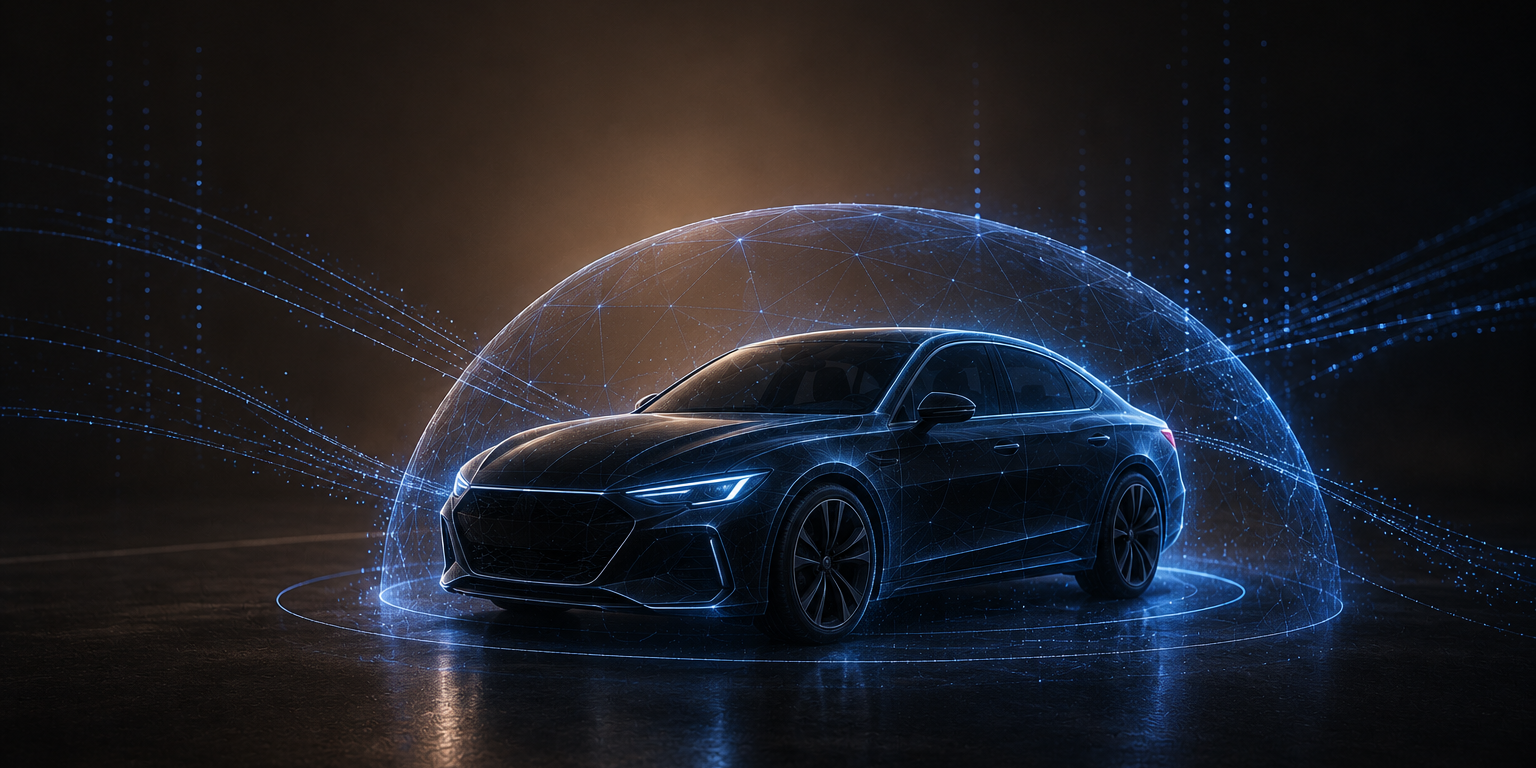 A dark sedan enclosed in a translucent digital security dome of glowing blue data lines