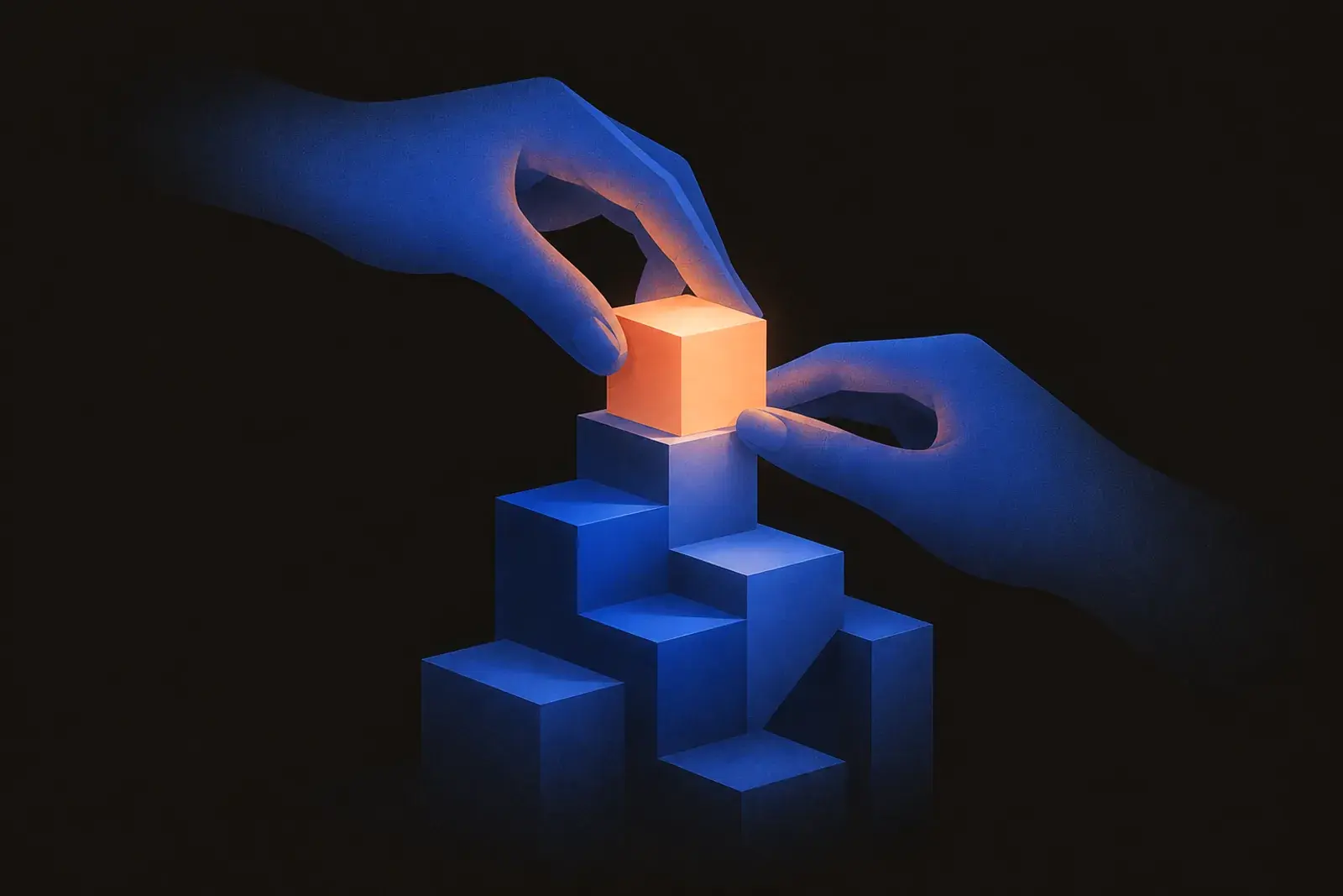 Two hands placing the final peach block onto a rising structure of blue blocks