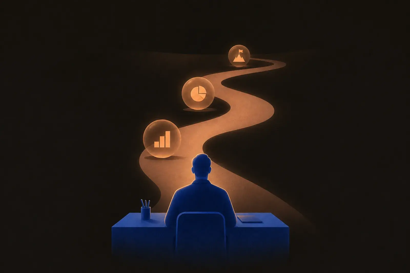 A figure at a desk facing a warm path that climbs through milestone markers