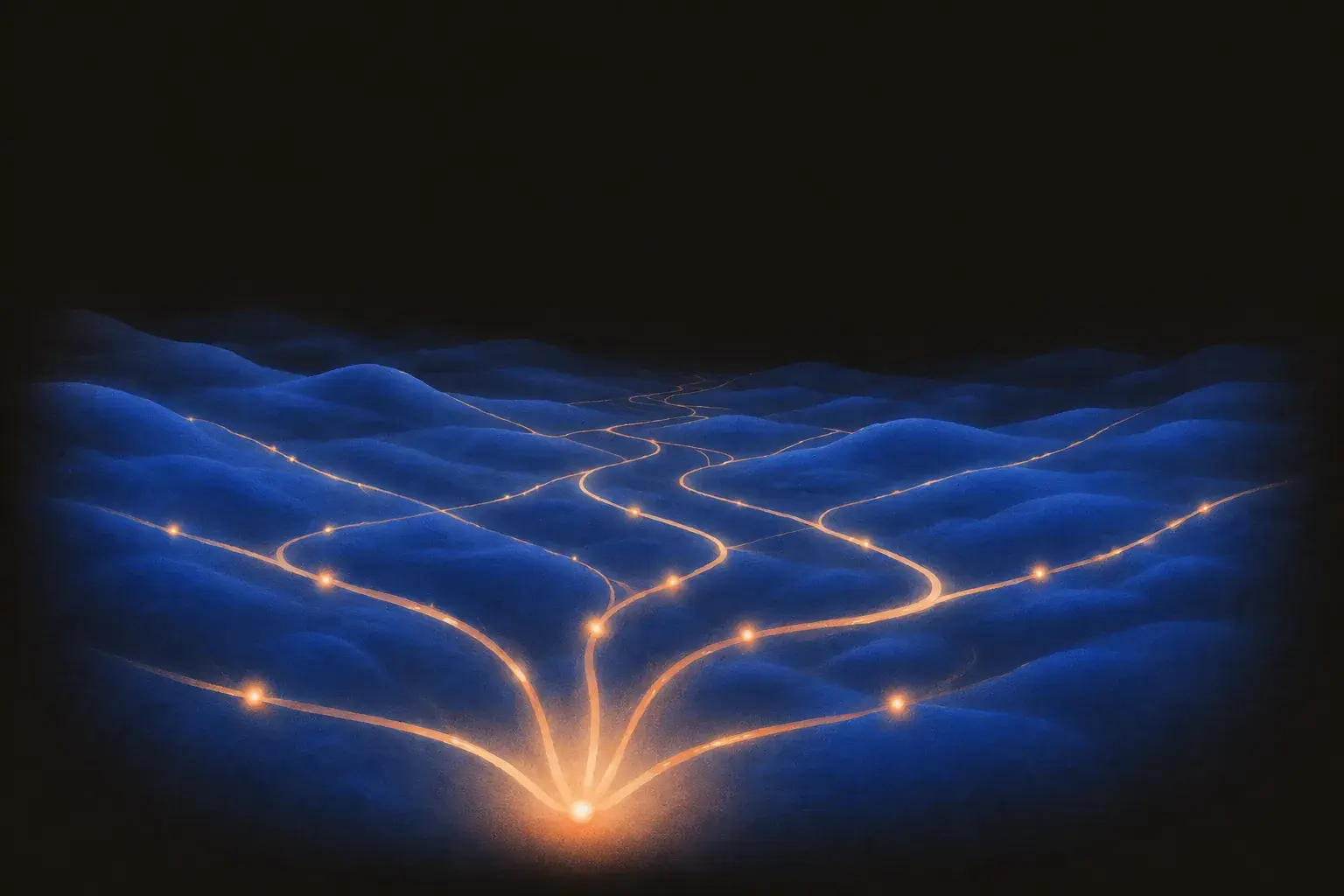 Peach paths branching outward from one point across the plain, small lights travelling along them on their own.