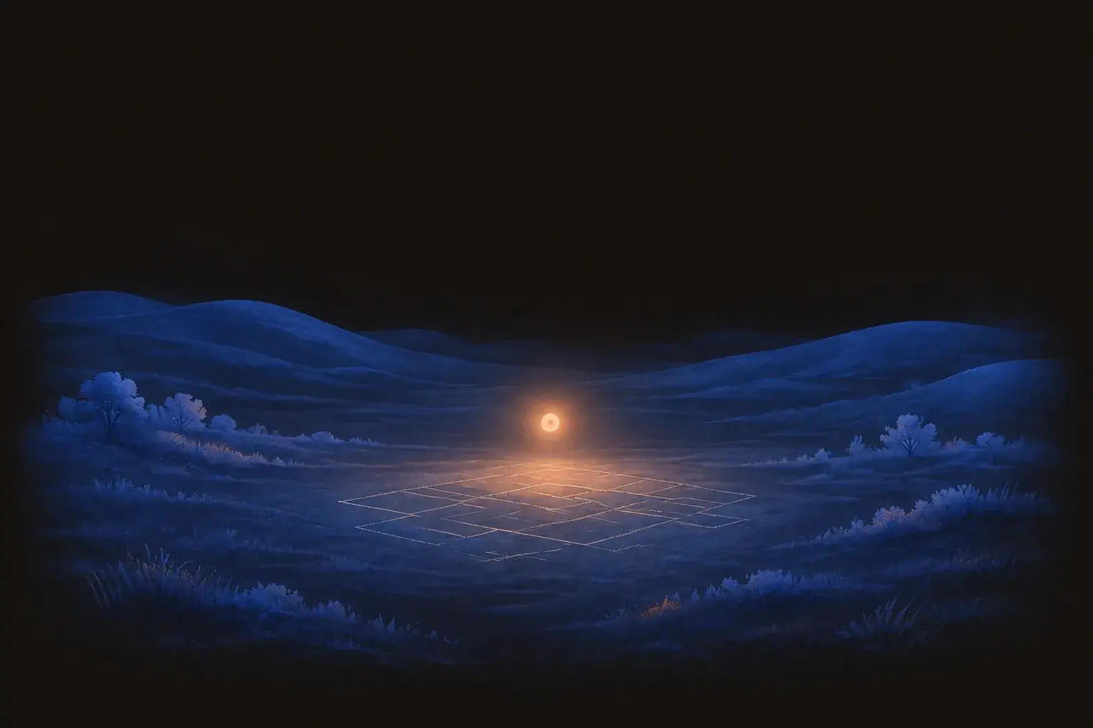 A single lit peach spark held above an open cream plain, a faint blue outline of a structure not yet built beneath it.