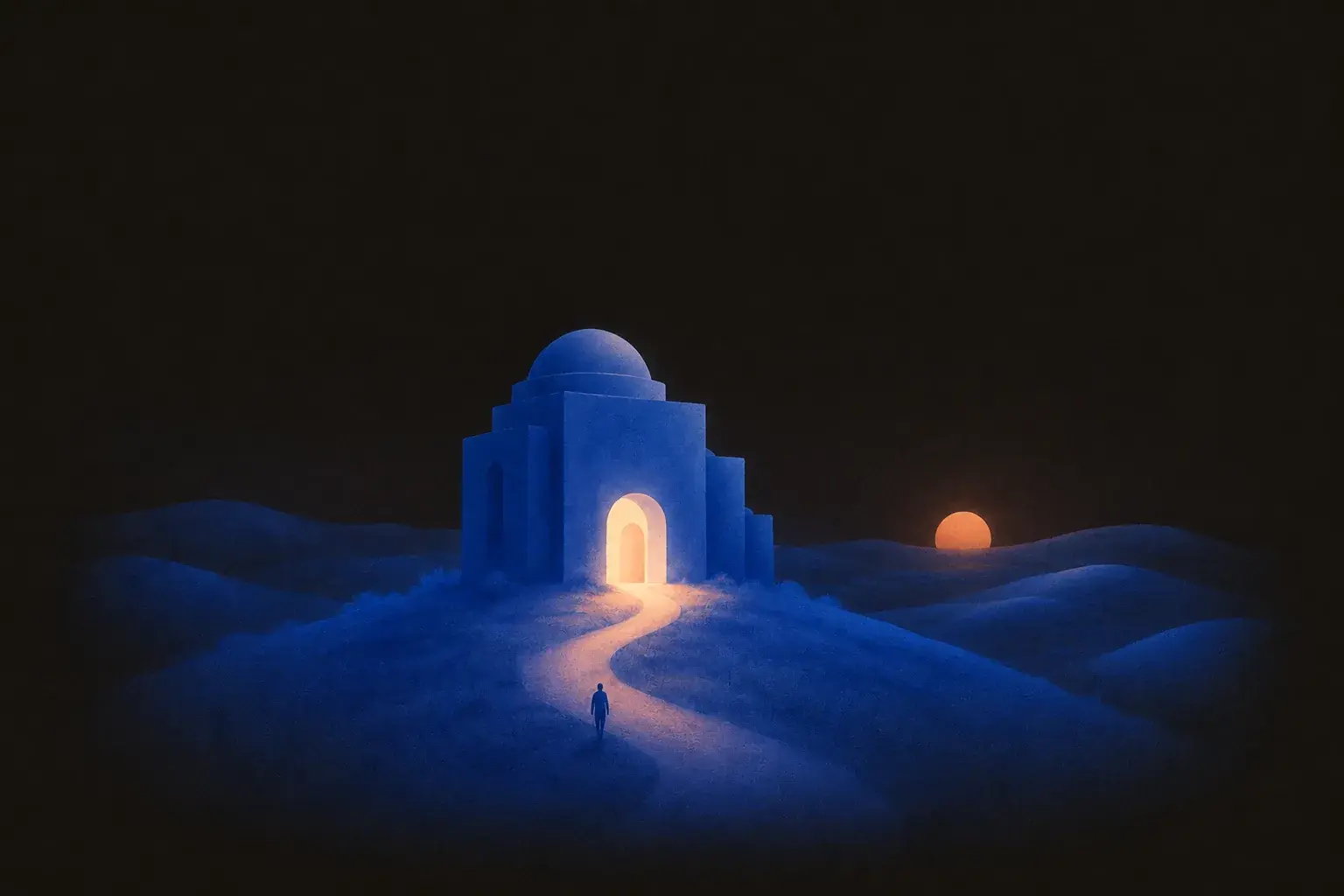 A finished blue structure with a warm lit doorway, a small figure walking up the path toward it holding a key.
