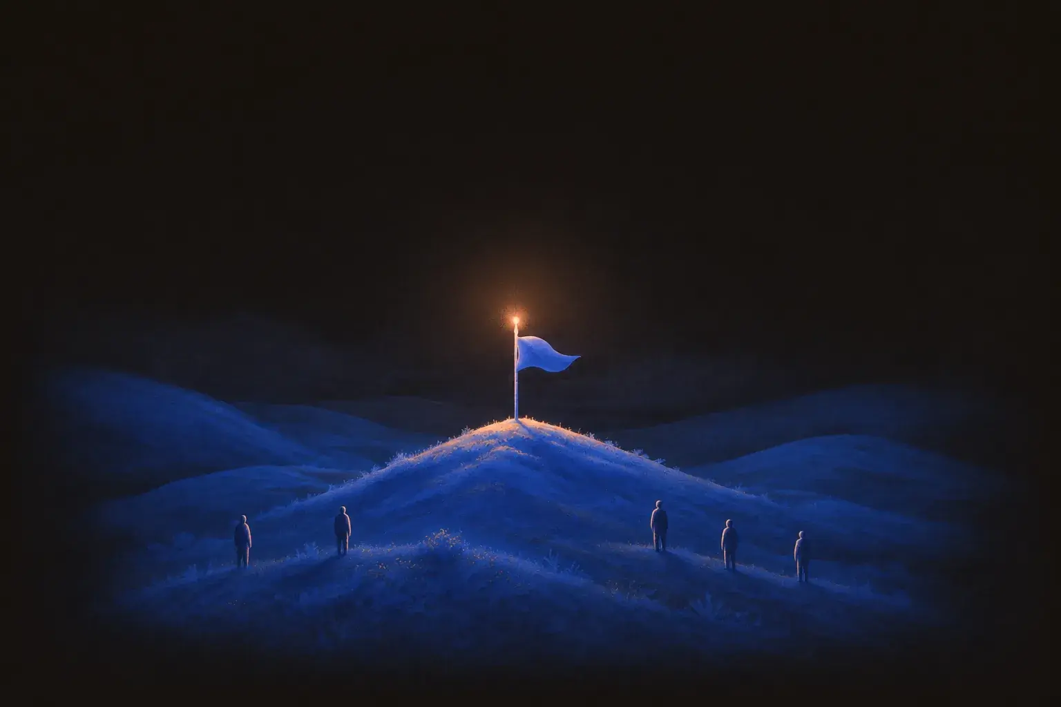 A small blue flag planted on a rise, with a few distant figures crossing the plain toward it.