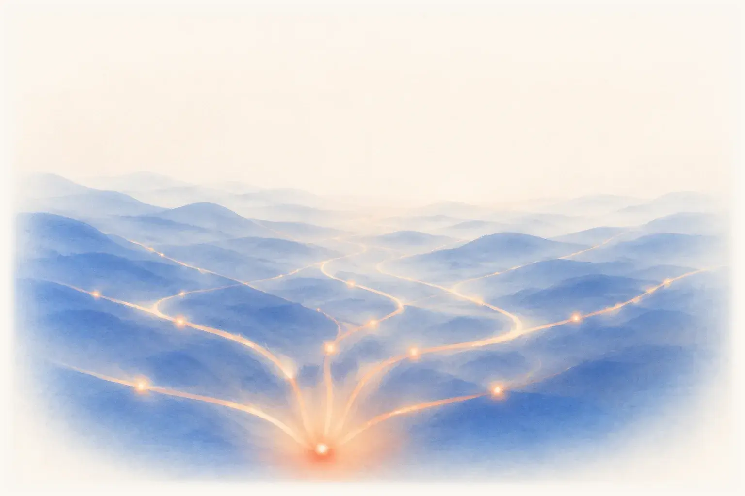 Peach paths branching outward from one point across the plain, small lights travelling along them on their own.