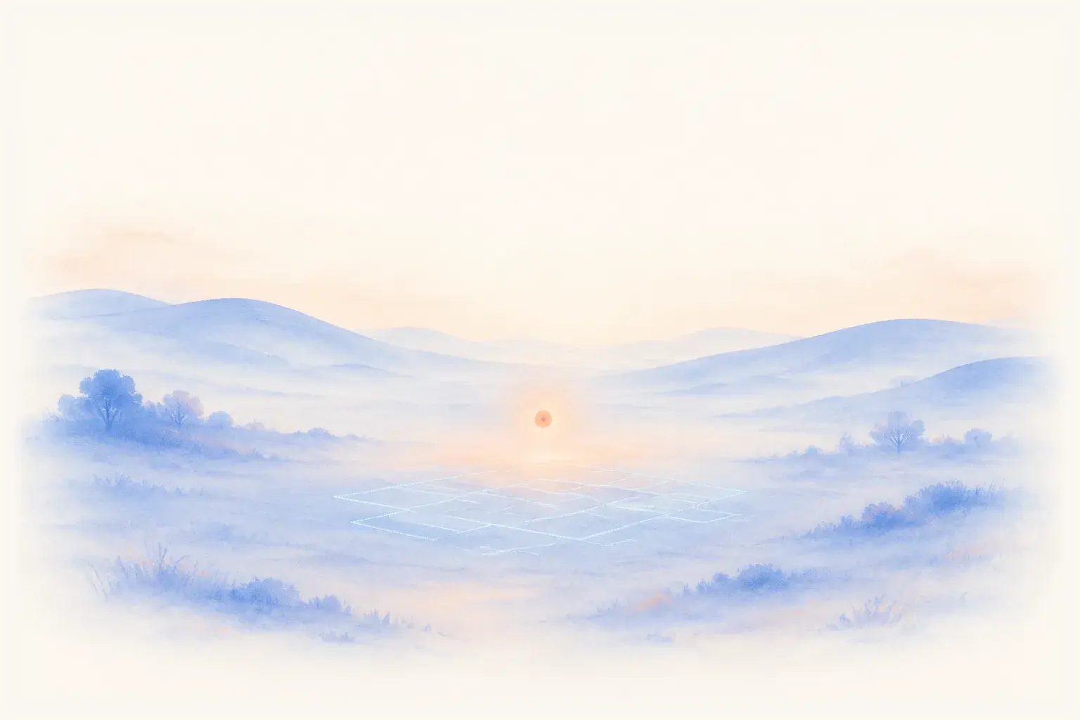 A single lit peach spark held above an open cream plain, a faint blue outline of a structure not yet built beneath it.
