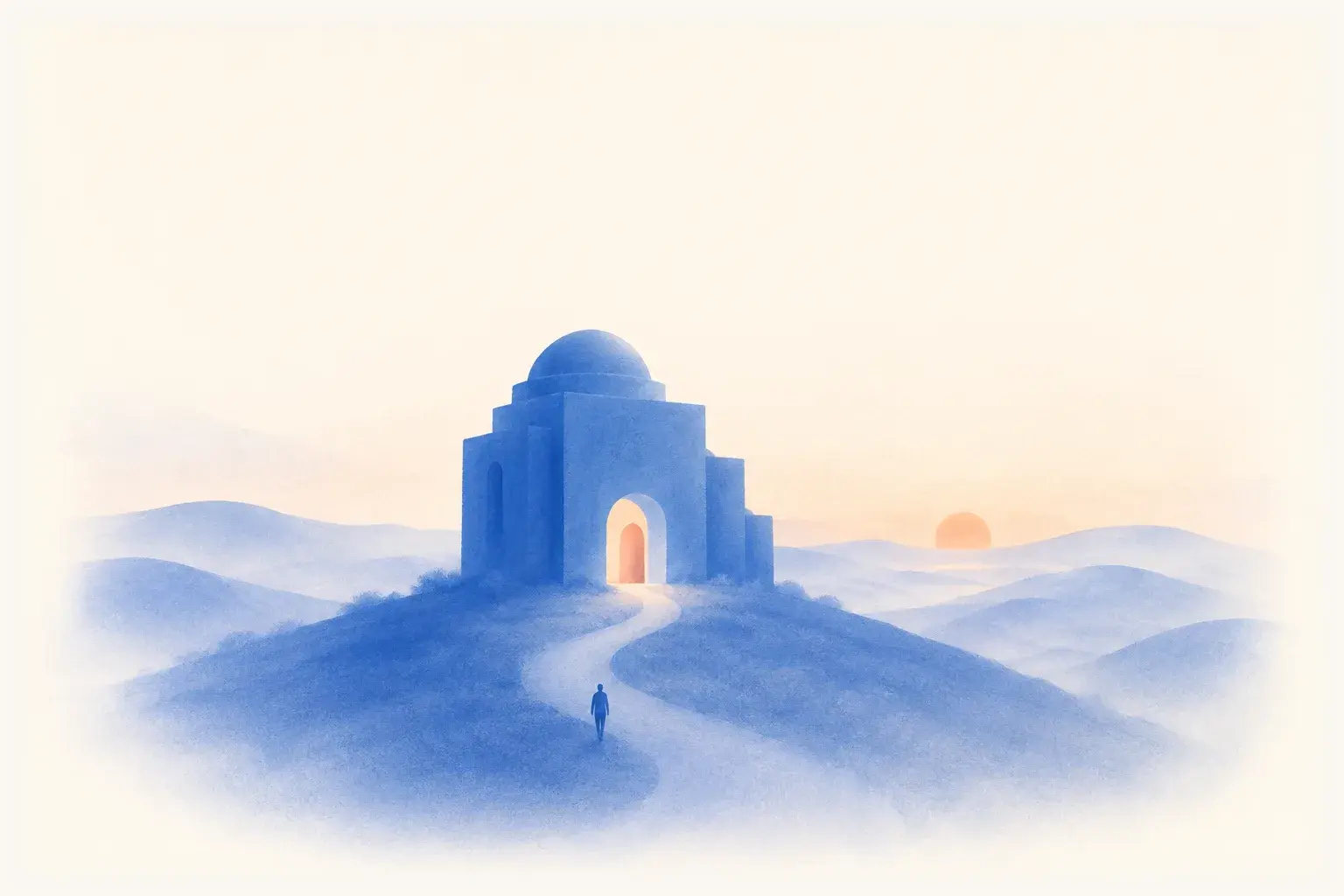 A finished blue structure with a warm lit doorway, a small figure walking up the path toward it holding a key.