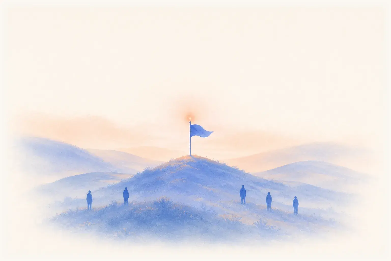 A small blue flag planted on a rise, with a few distant figures crossing the plain toward it.