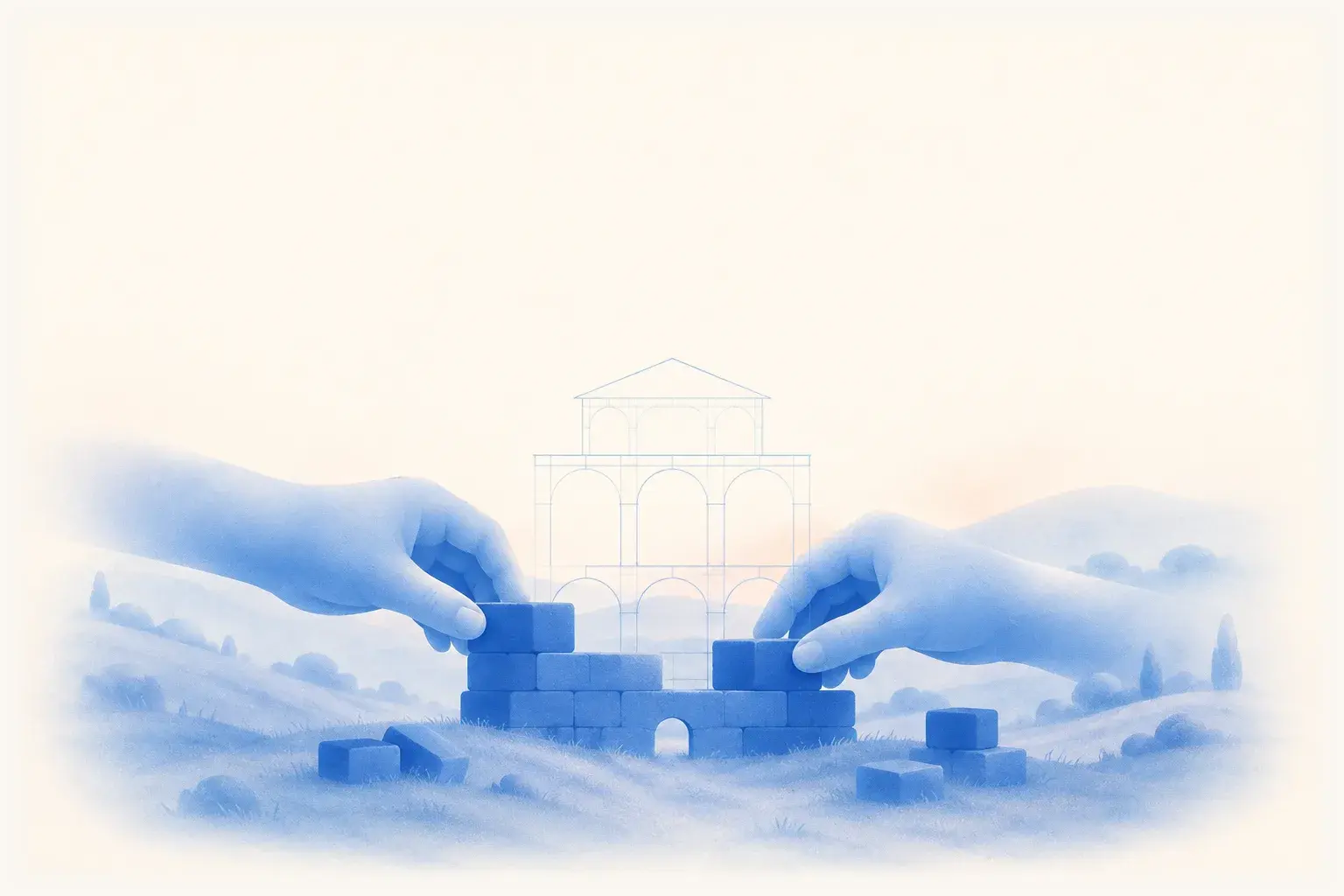 Hands setting the first solid blue blocks into a structure that is still a thin outline at the top.