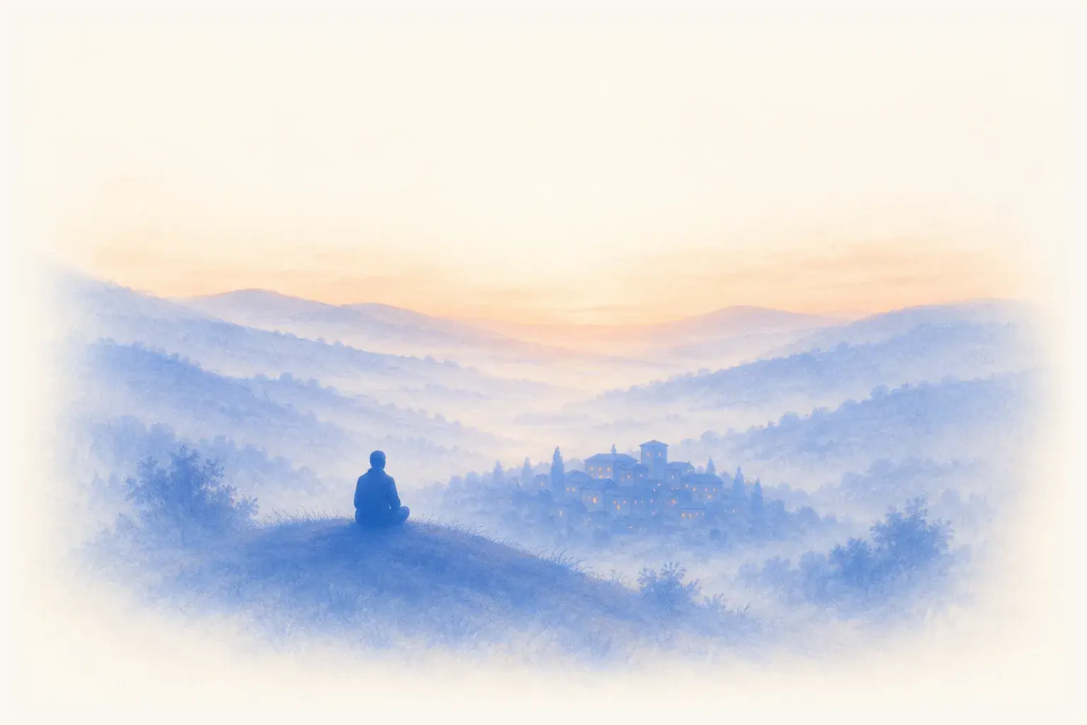 A figure seated on a hilltop at dawn, looking down at a small cluster of structures that run on their own.