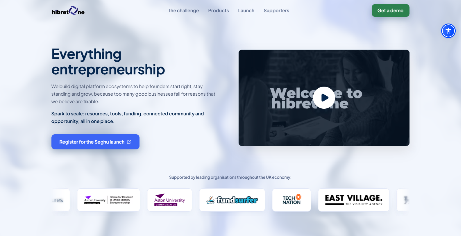 hibretOne CIC homepage: everything entrepreneurship, in one place