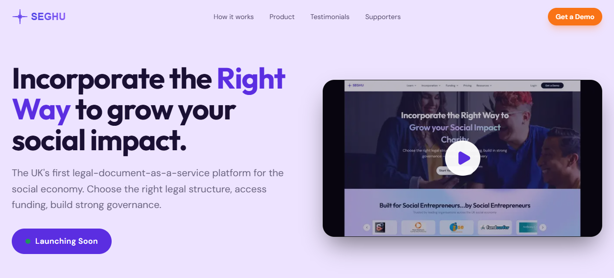 Seghu homepage introducing its legal structure and funding tools for UK social enterprises