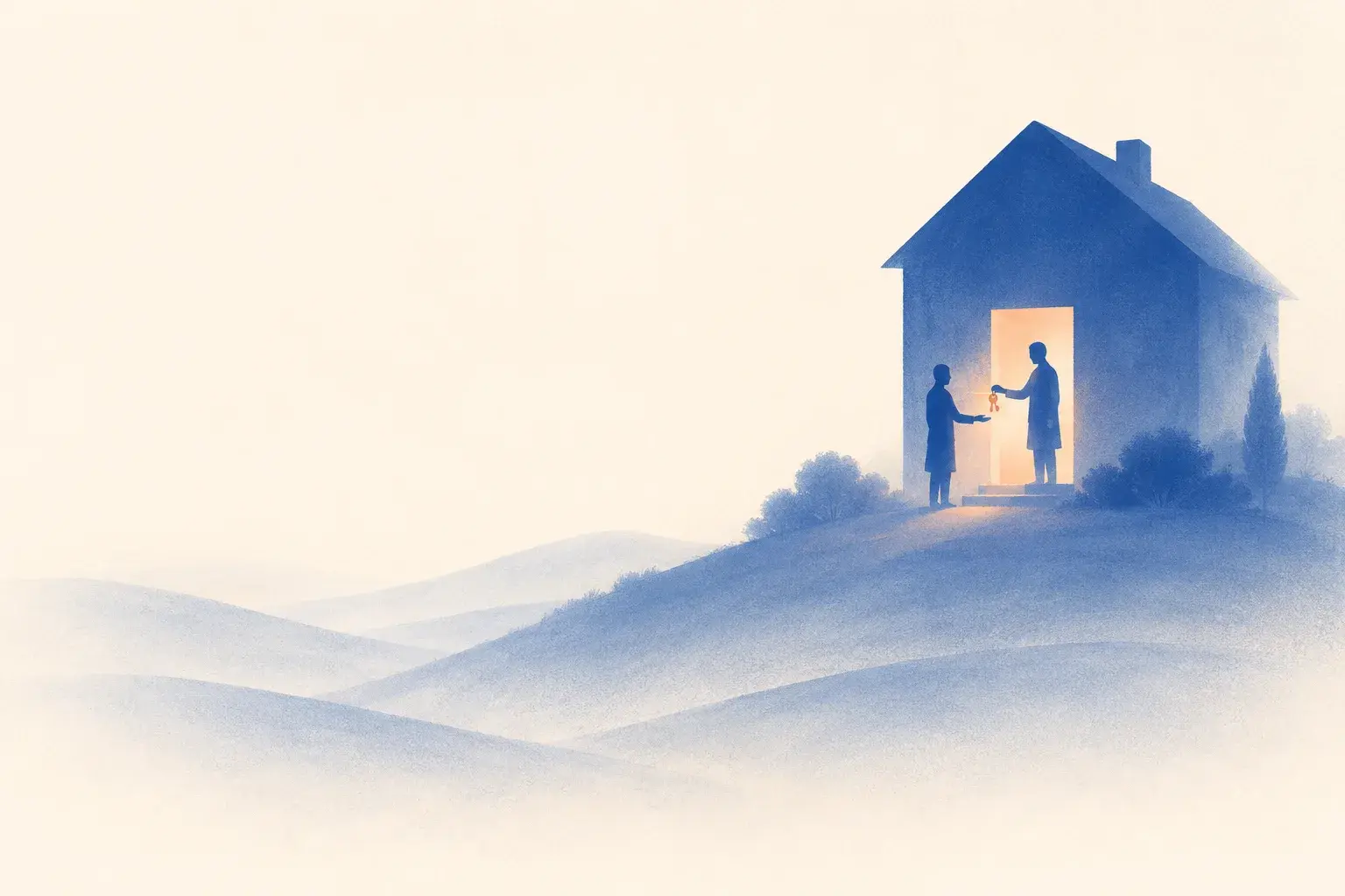 At the lit doorway of a house on a hill, one silhouette hands a set of keys to another, warm light spilling out around them.
