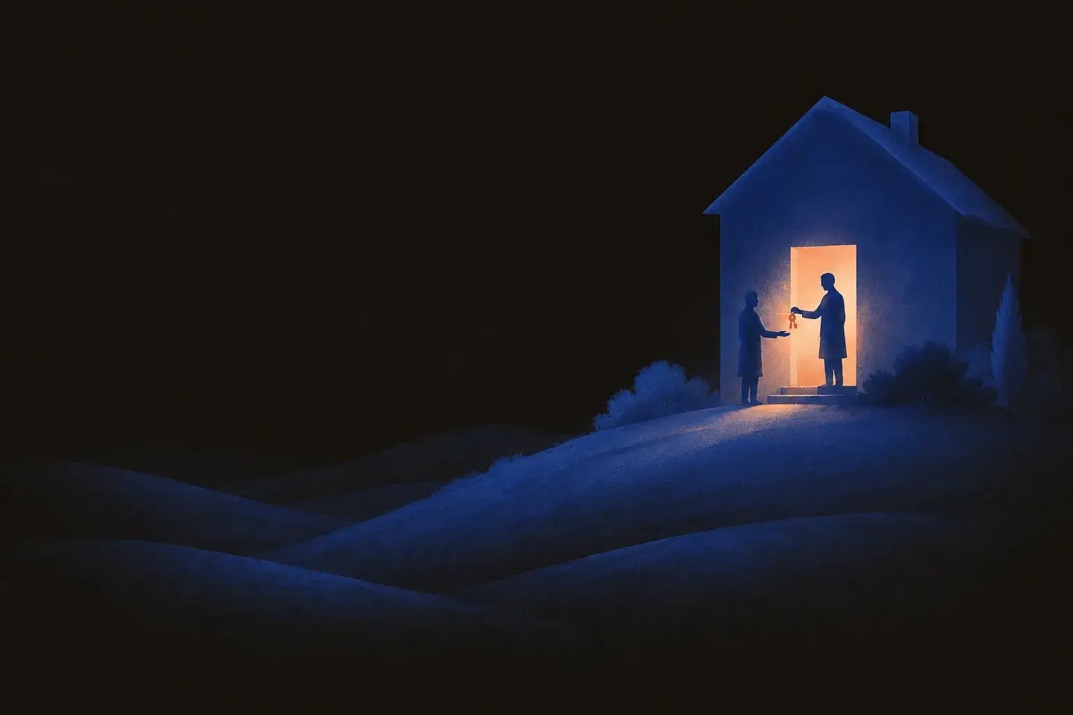 At the lit doorway of a house on a hill, one silhouette hands a set of keys to another, warm light spilling out around them.