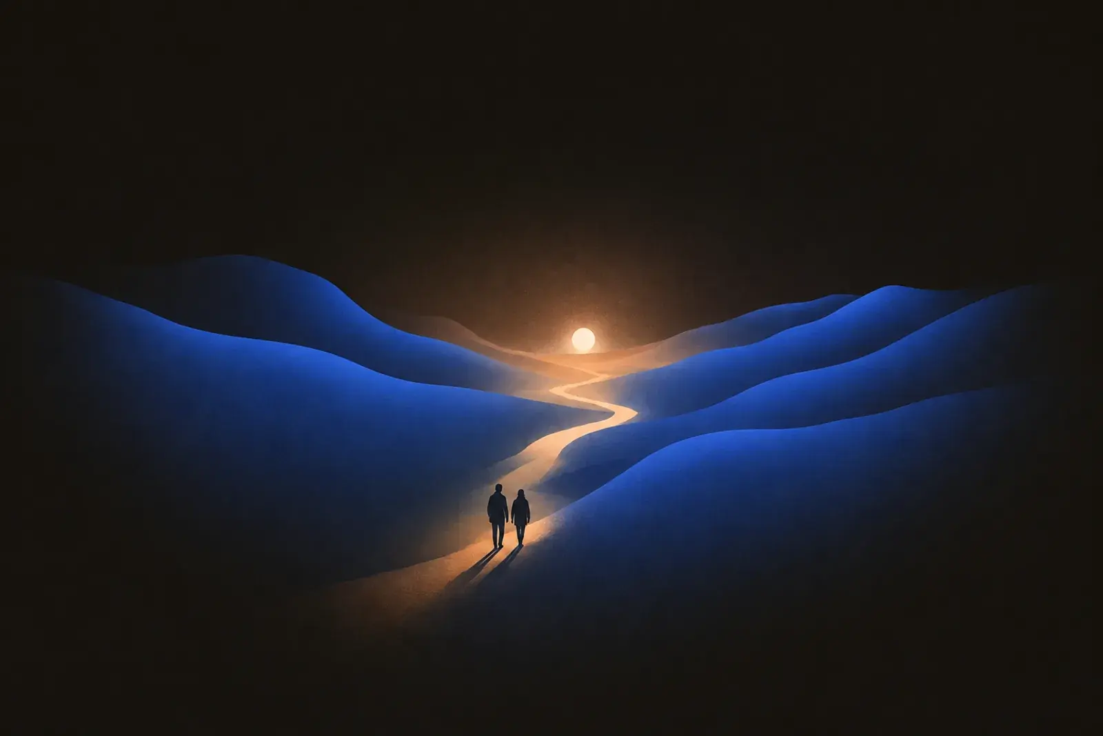 Two figures walking a lit path through a valley toward the dawn