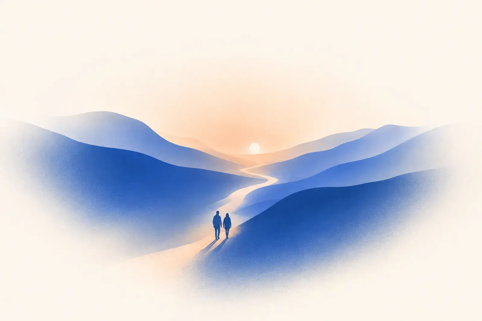 Two figures walking a lit path through a valley toward the dawn